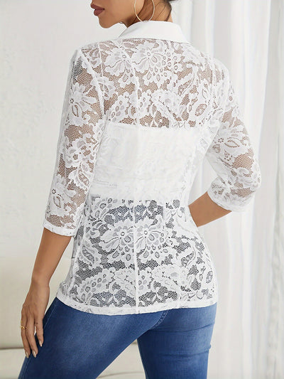 Lace Sheer 3/4 Sleeves Notched Lapel One Button Blazer