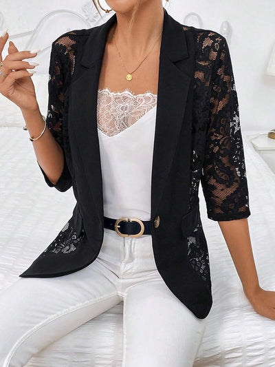 Lace Sheer 3/4 Sleeves Notched Lapel One Button Blazer