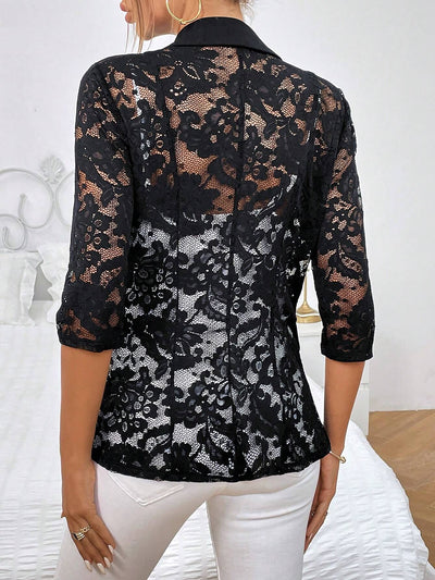 Lace Sheer 3/4 Sleeves Notched Lapel One Button Blazer