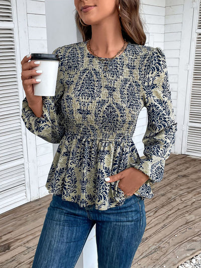 Boho Floral Smocked Long Puff Sleeve Peplum Blouse