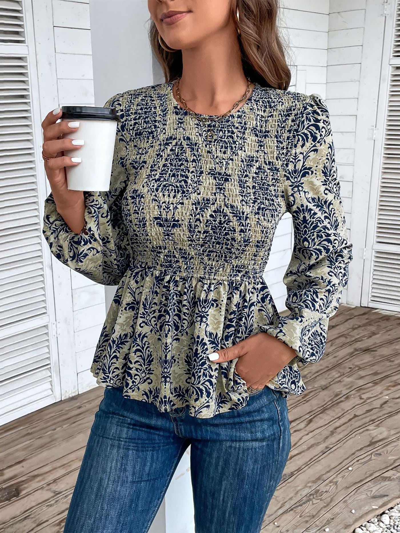 Allegra K Boho Floral Smocked Long Puff Sleeve Peplum Blouse