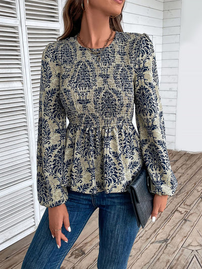 Boho Floral Smocked Long Puff Sleeve Peplum Blouse