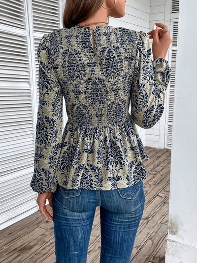 Boho Floral Smocked Long Puff Sleeve Peplum Blouse