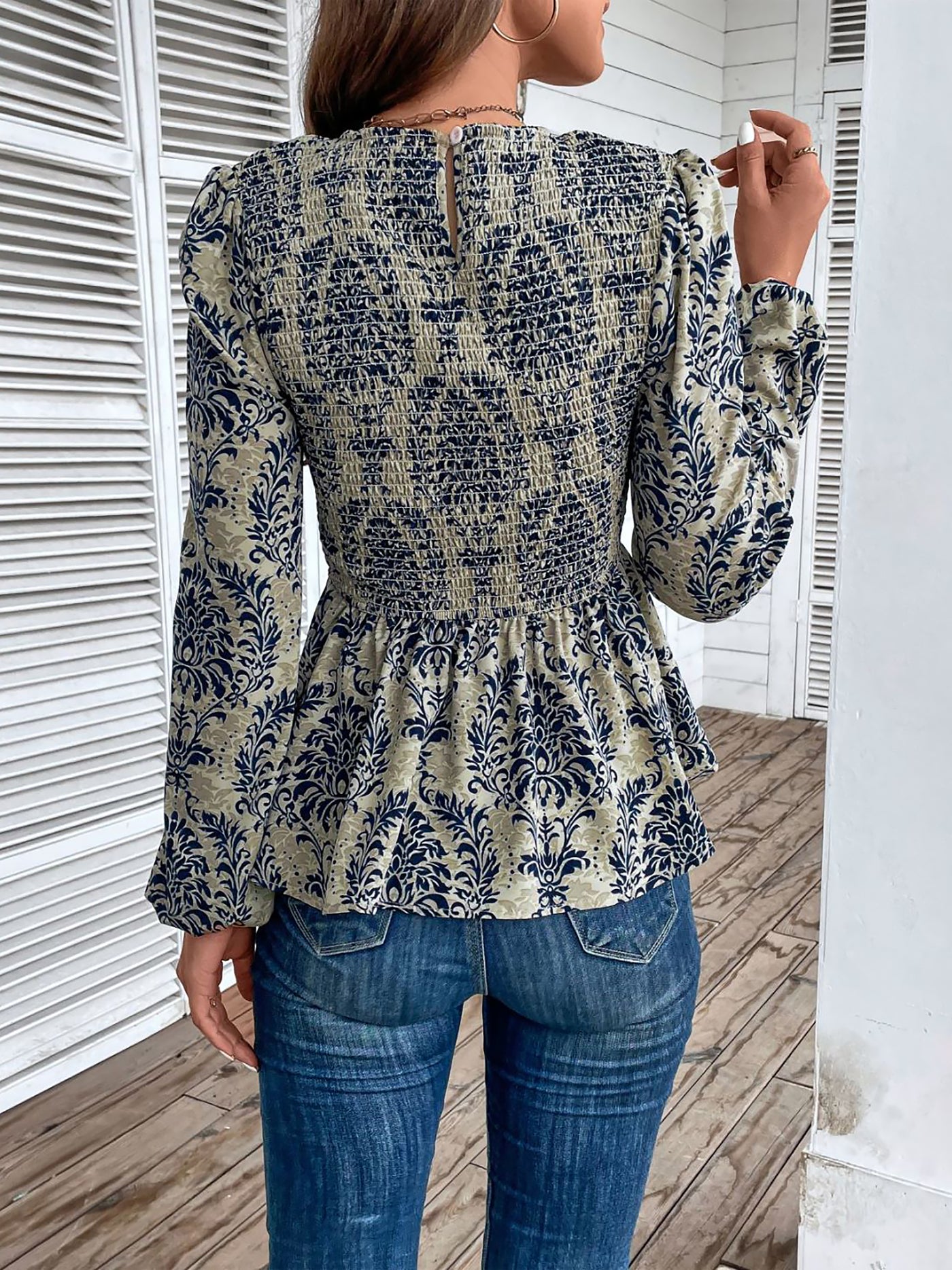 Allegra K Boho Floral Smocked Long Puff Sleeve Peplum Blouse