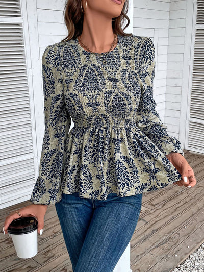 Boho Floral Smocked Long Puff Sleeve Peplum Blouse