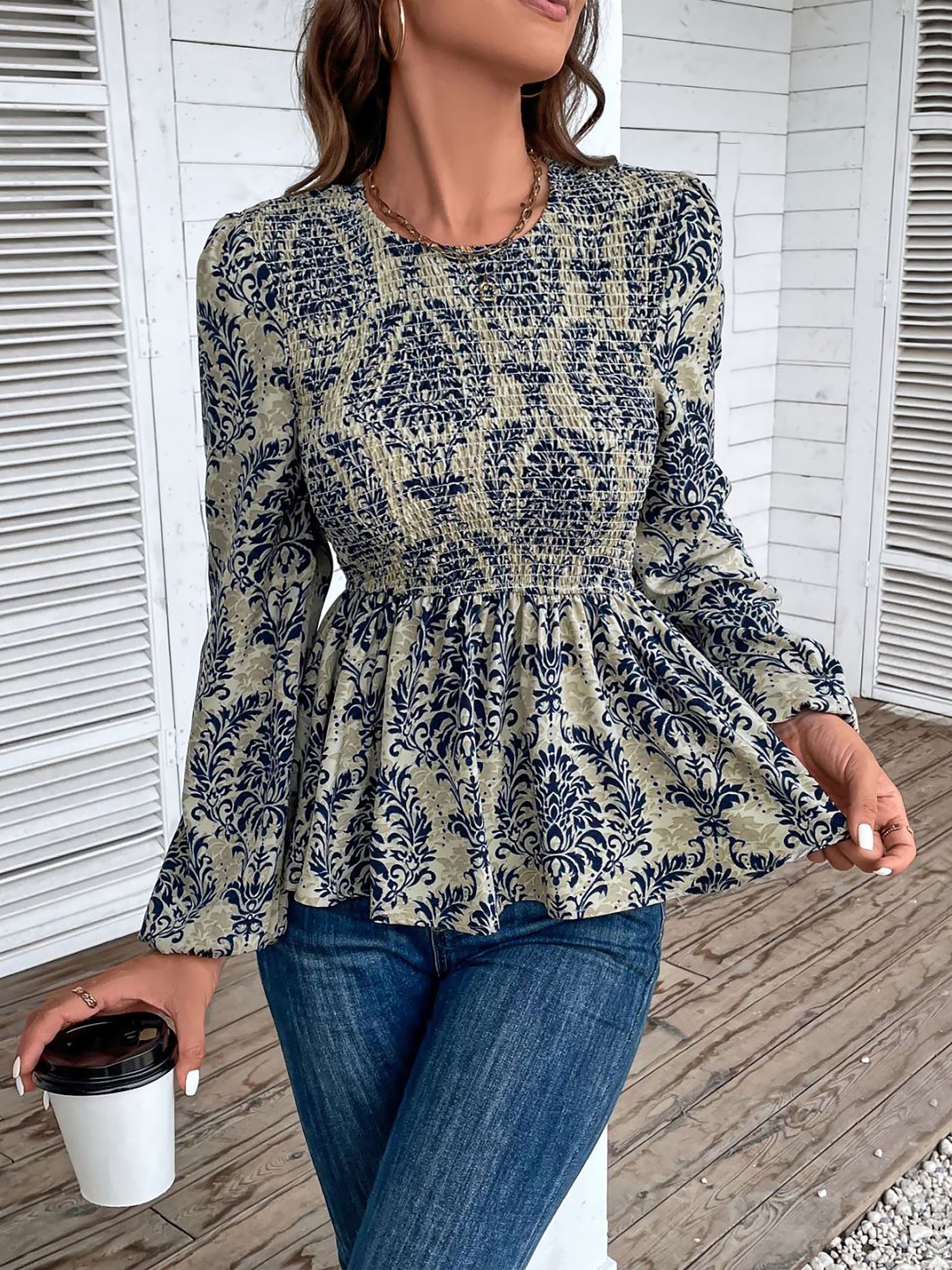 Allegra K Boho Floral Smocked Long Puff Sleeve Peplum Blouse