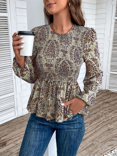 Boho Floral Smocked Long Puff Sleeve Peplum Blouse