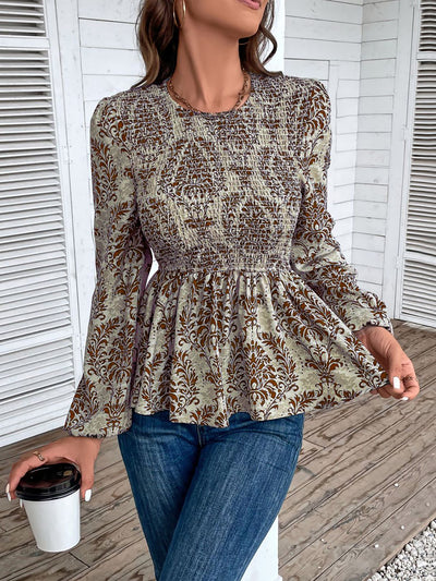 Boho Floral Smocked Long Puff Sleeve Peplum Blouse