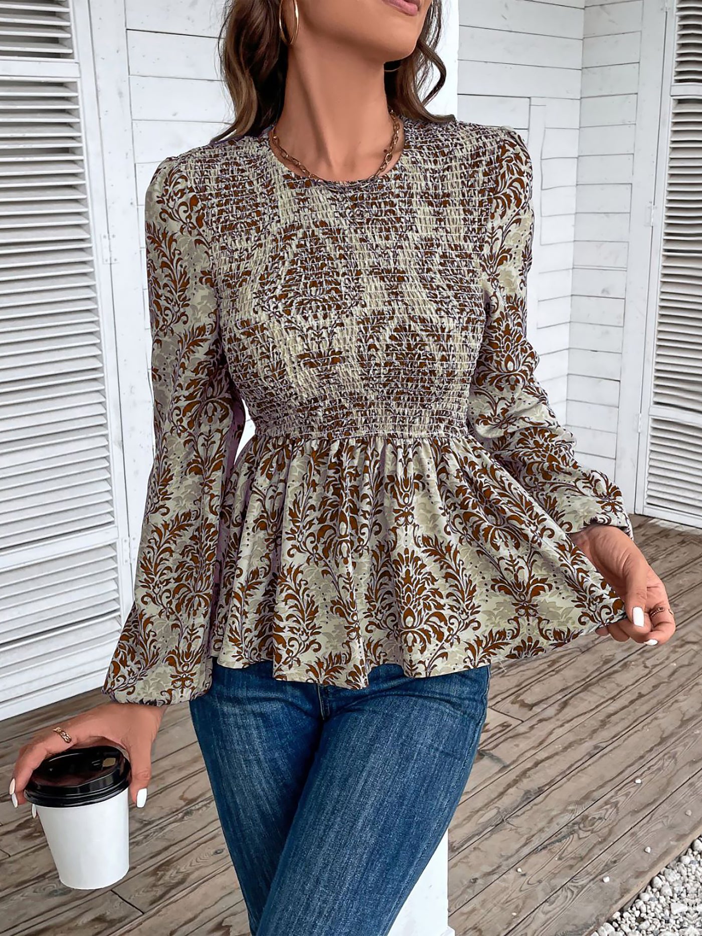 Allegra K Boho Floral Smocked Long Puff Sleeve Peplum Blouse