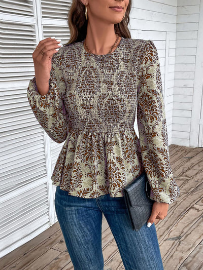 Boho Floral Smocked Long Puff Sleeve Peplum Blouse