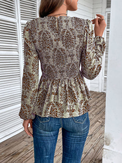 Boho Floral Smocked Long Puff Sleeve Peplum Blouse