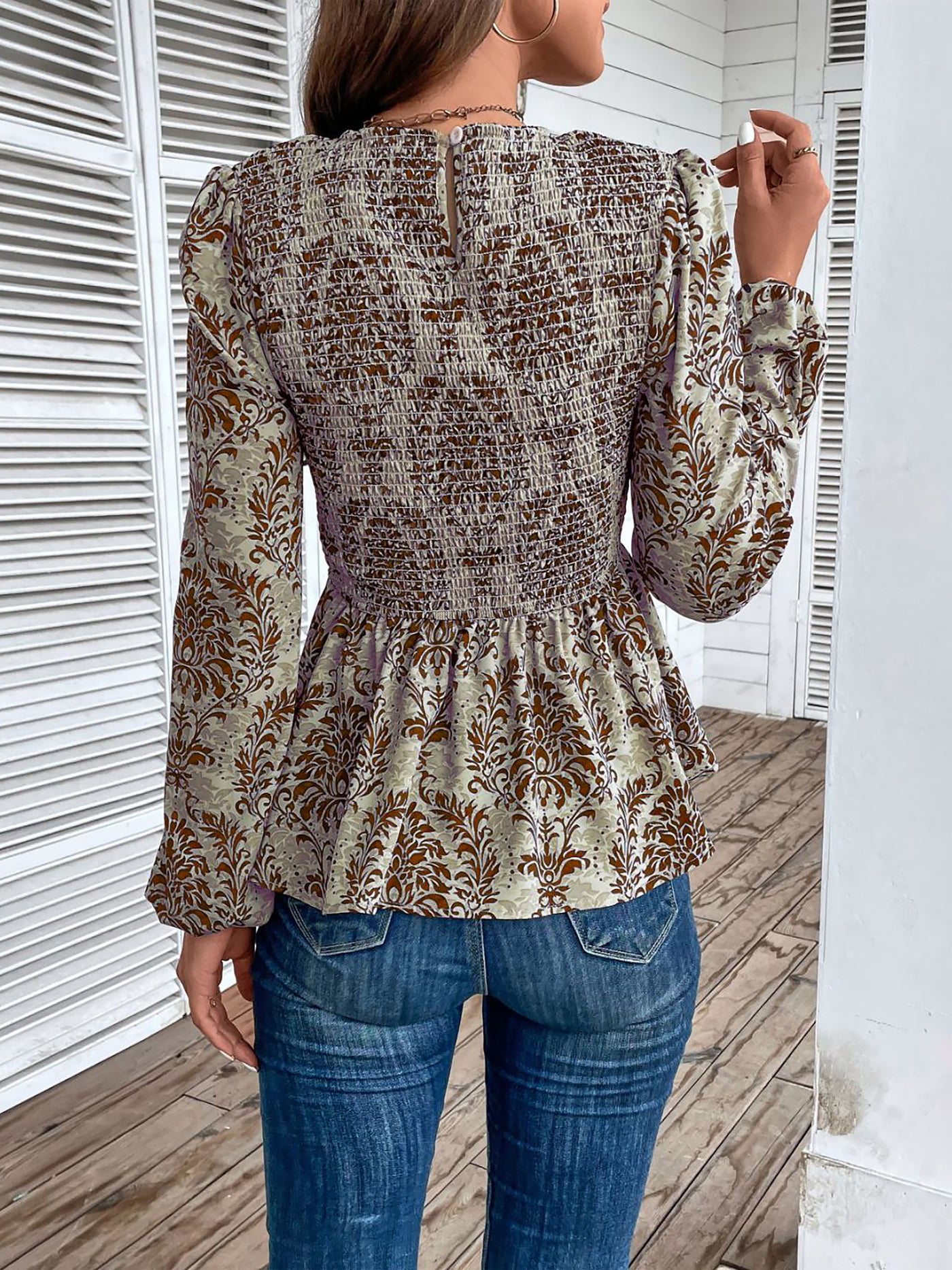 Allegra K Boho Floral Smocked Long Puff Sleeve Peplum Blouse