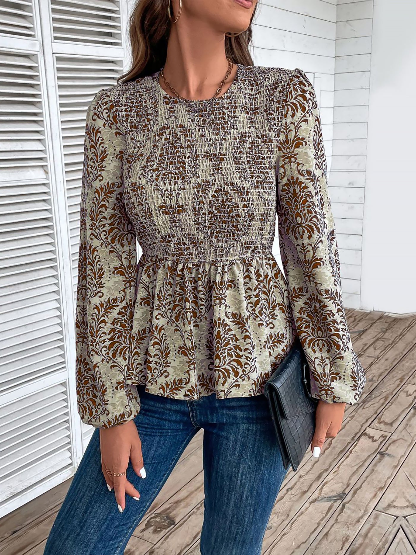 Allegra K Boho Floral Smocked Long Puff Sleeve Peplum Blouse