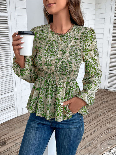 Boho Floral Smocked Long Puff Sleeve Peplum Blouse