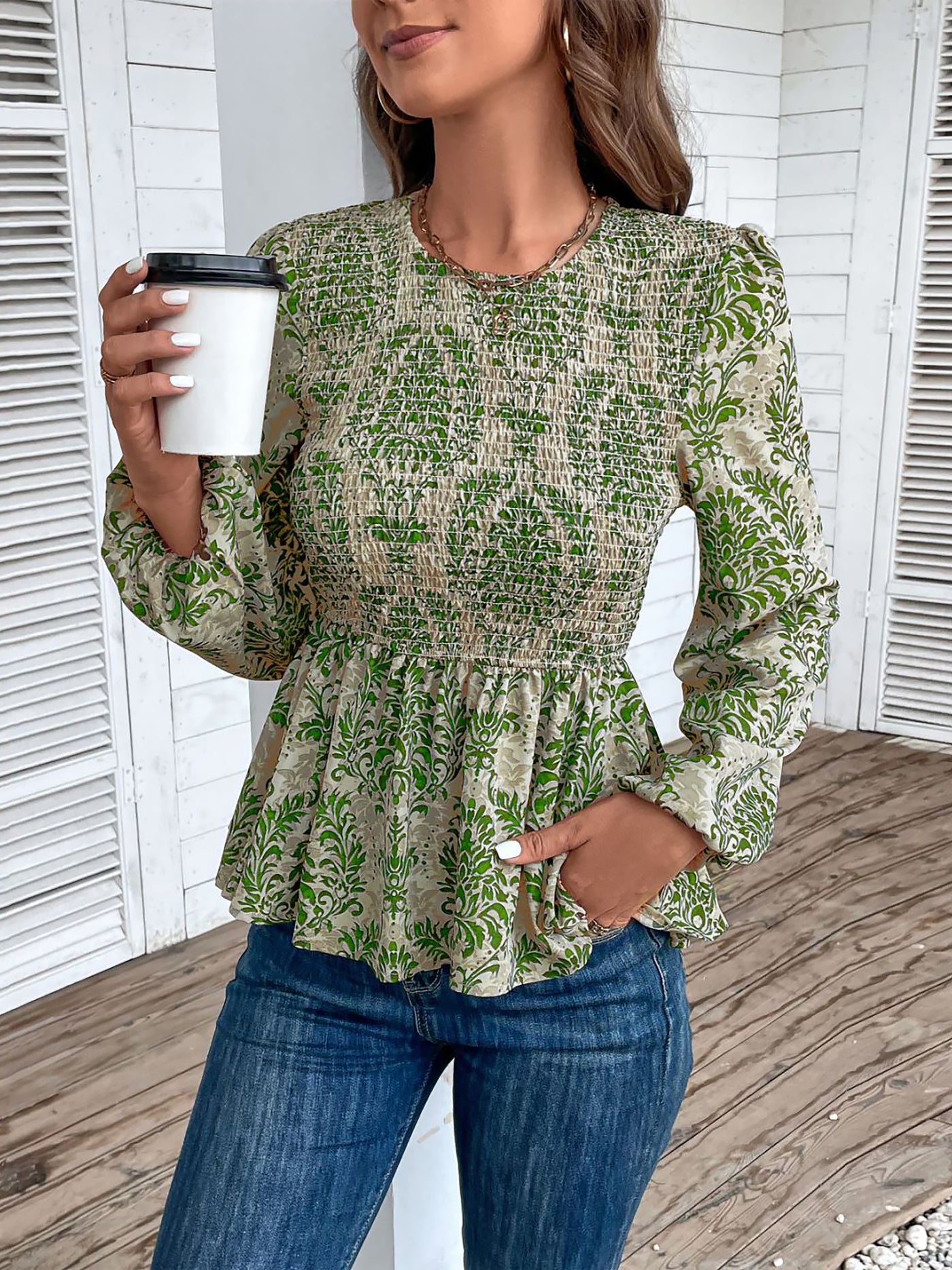 Allegra K Boho Floral Smocked Long Puff Sleeve Peplum Blouse