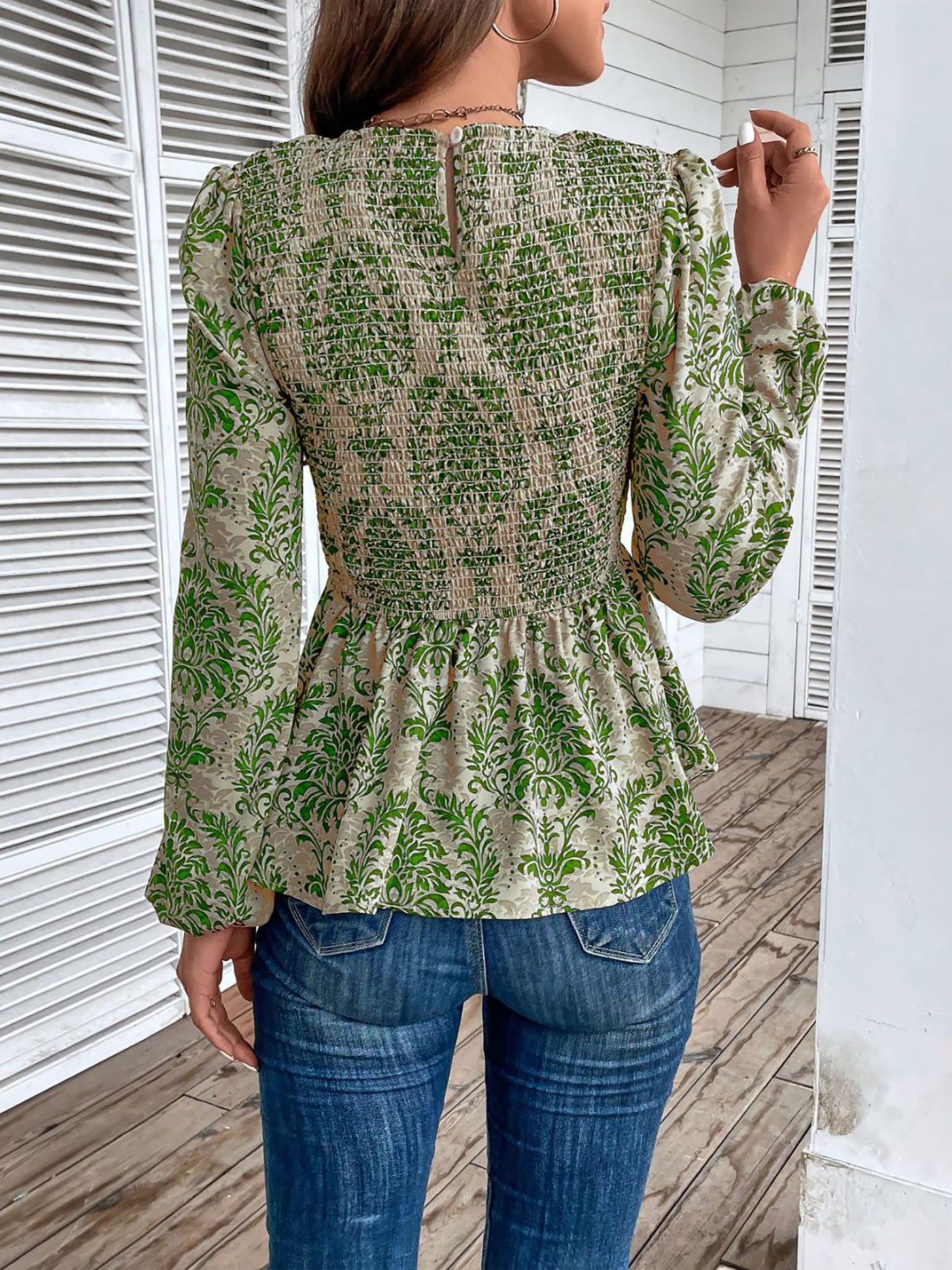 Allegra K Boho Floral Smocked Long Puff Sleeve Peplum Blouse