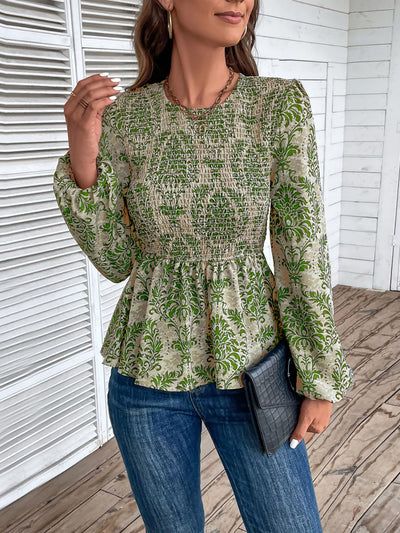 Boho Floral Smocked Long Puff Sleeve Peplum Blouse