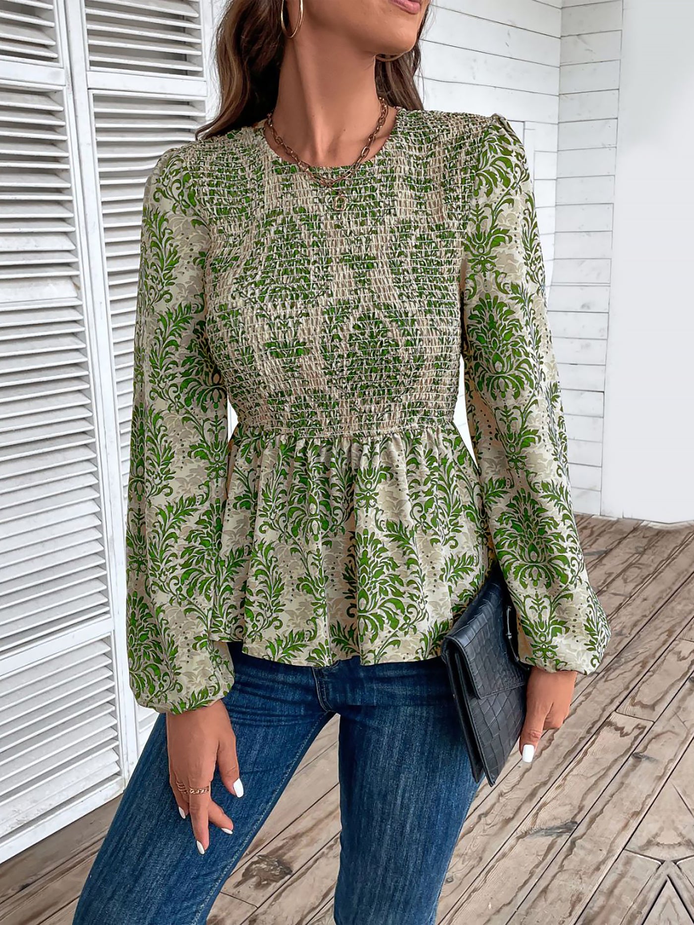 Allegra K Boho Floral Smocked Long Puff Sleeve Peplum Blouse