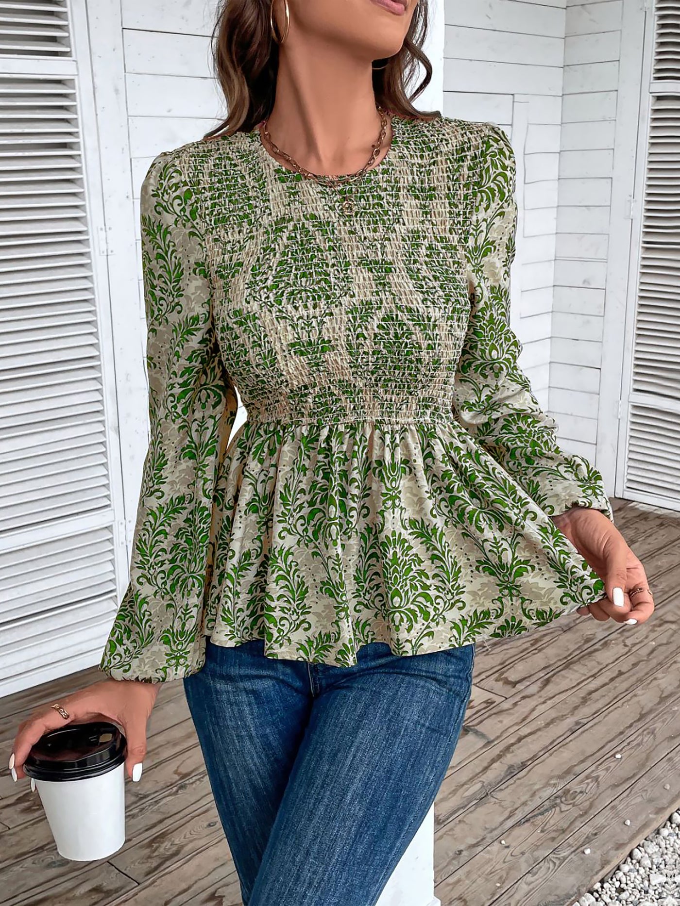 Allegra K Boho Floral Smocked Long Puff Sleeve Peplum Blouse