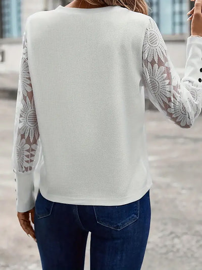 Lace Sheer Long Sleeves Knit Solid Color Blouse