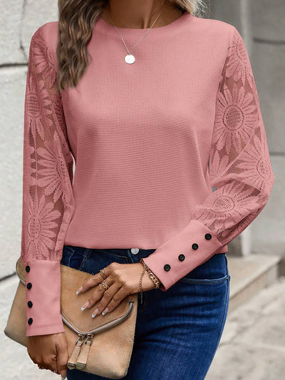 Lace Sheer Long Sleeves Knit Solid Color Blouse