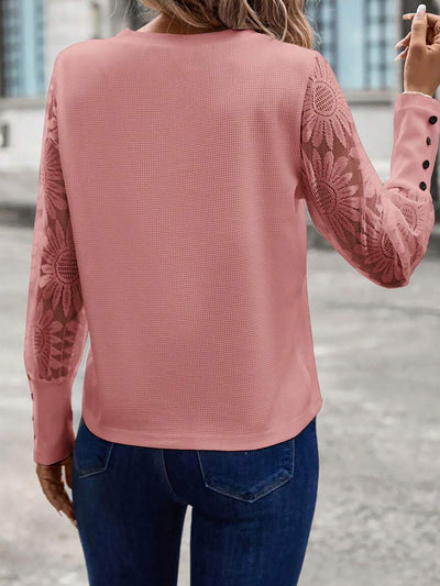 Lace Sheer Long Sleeves Knit Solid Color Blouse