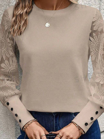 Lace Sheer Long Sleeves Knit Solid Color Blouse