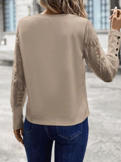 Lace Sheer Long Sleeves Knit Solid Color Blouse