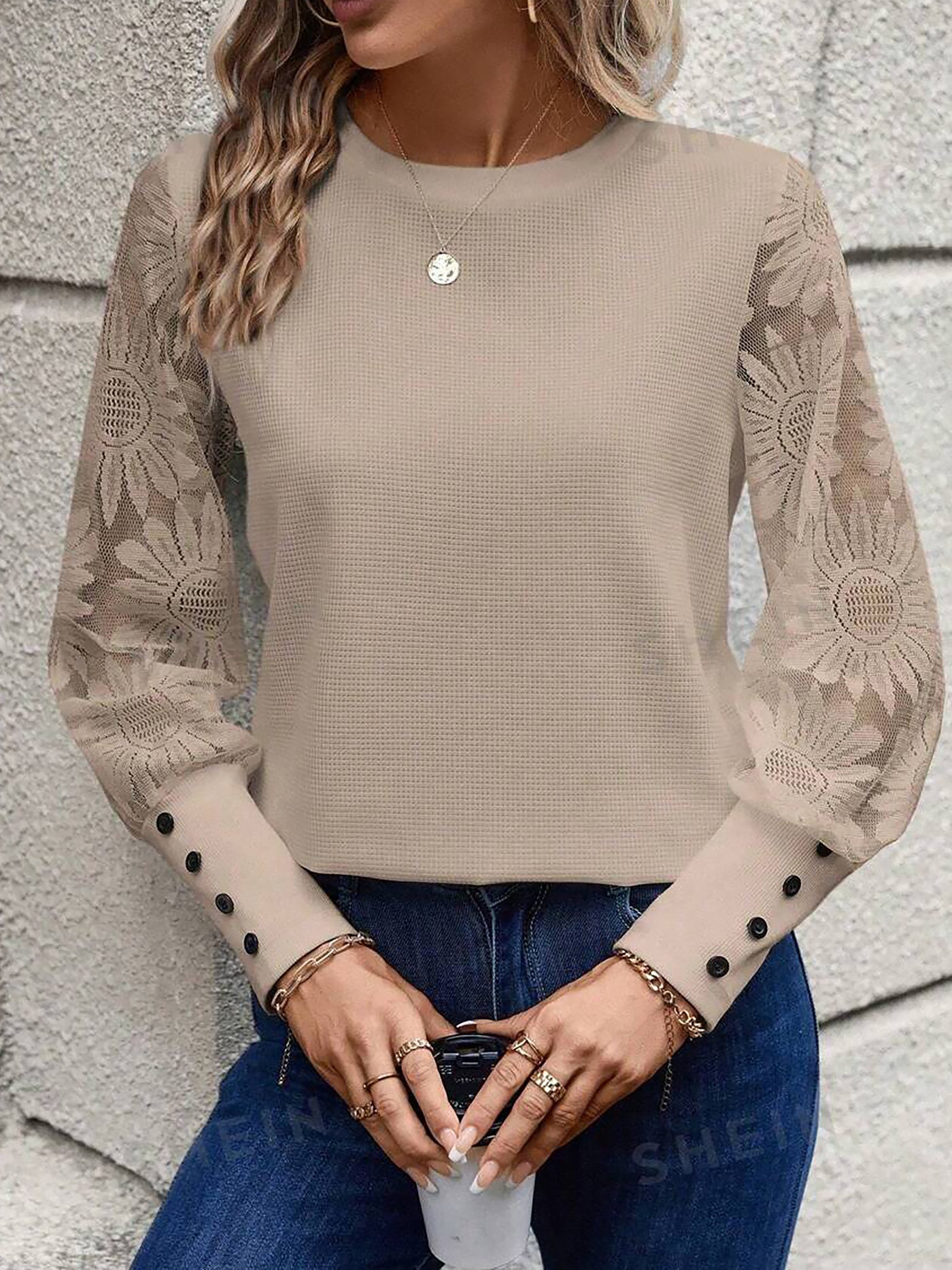 Allegra K Lace Sheer Long Sleeves Knit Solid Color Blouse