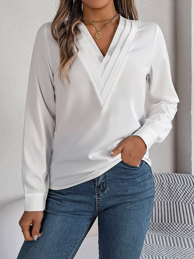 Solid Color Layered V Neck Long Sleeve Blouse