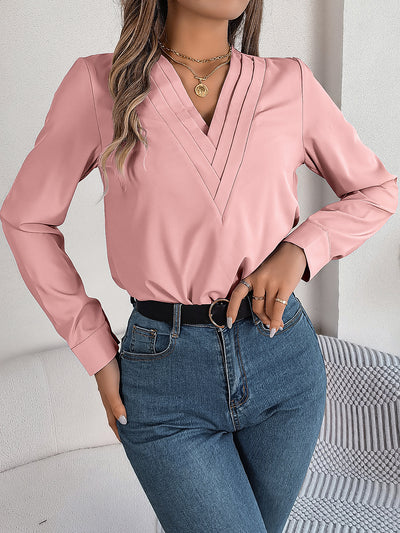 Solid Color Layered V Neck Long Sleeve Blouse