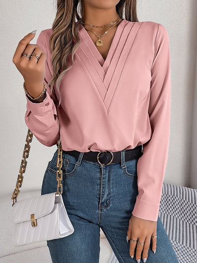 Solid Color Layered V Neck Long Sleeve Blouse