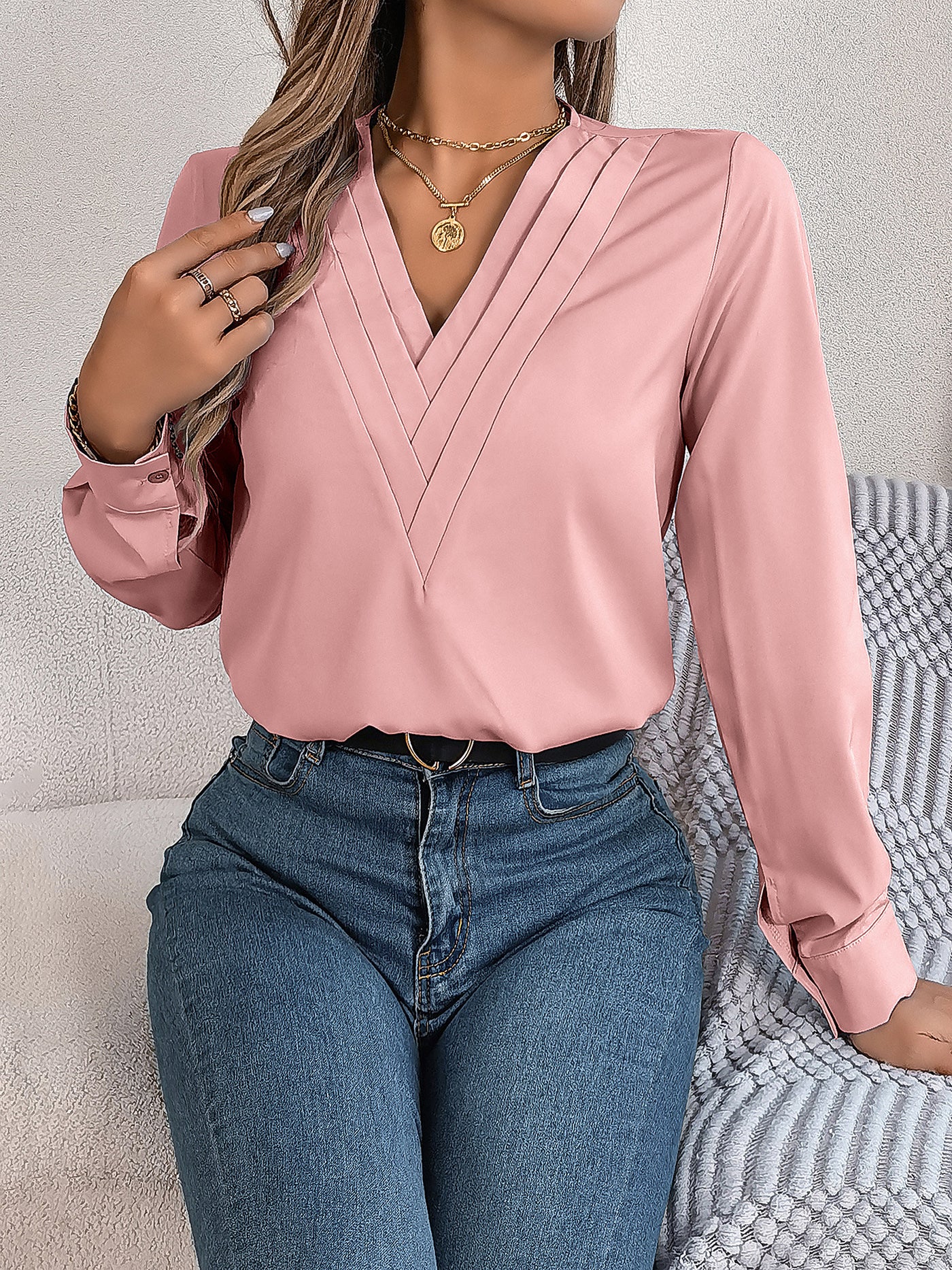 Allegra K Solid Color Layered V Neck Long Sleeve Blouse