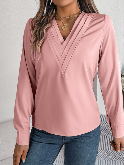 Solid Color Layered V Neck Long Sleeve Blouse