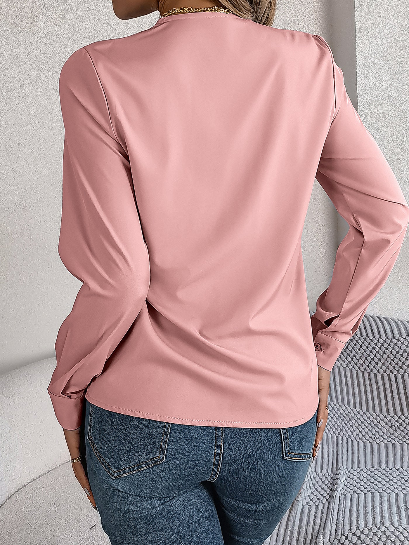 Allegra K Solid Color Layered V Neck Long Sleeve Blouse