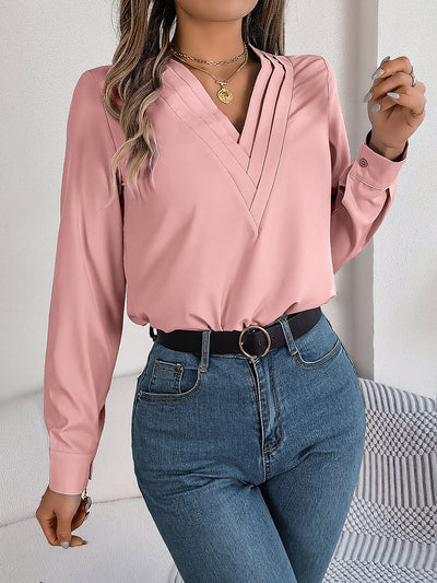 Solid Color Layered V Neck Long Sleeve Blouse