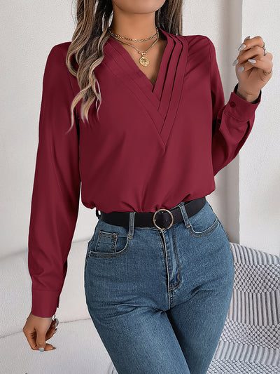 Solid Color Layered V Neck Long Sleeve Blouse