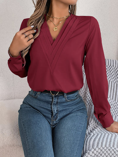 Solid Color Layered V Neck Long Sleeve Blouse