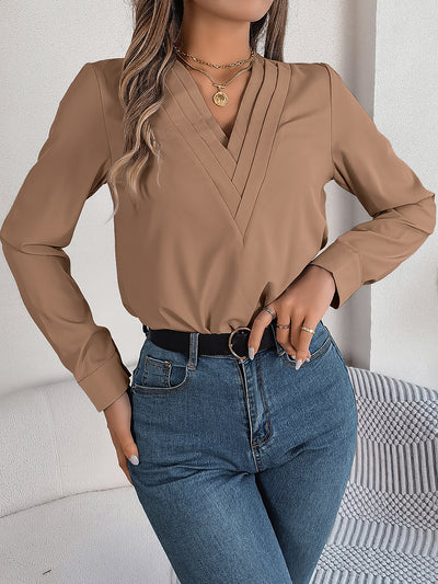 Solid Color Layered V Neck Long Sleeve Blouse