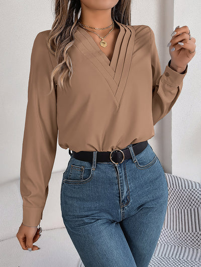 Solid Color Layered V Neck Long Sleeve Blouse