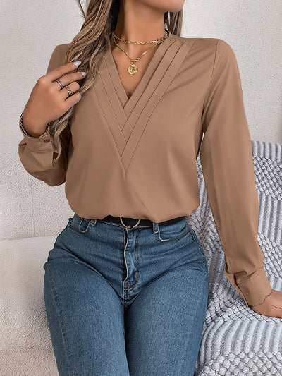 Solid Color Layered V Neck Long Sleeve Blouse