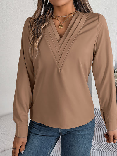 Solid Color Layered V Neck Long Sleeve Blouse