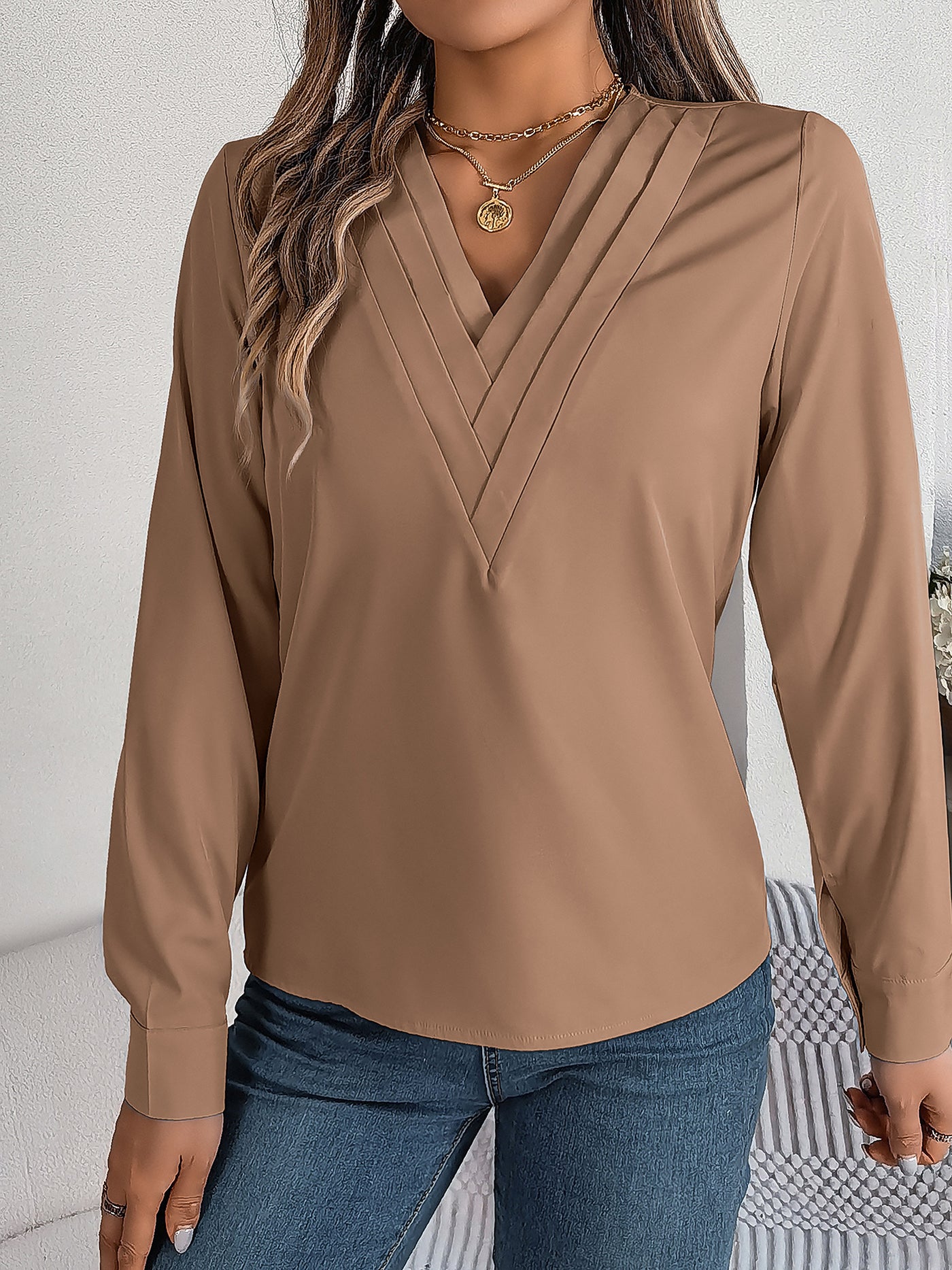 Allegra K Solid Color Layered V Neck Long Sleeve Blouse