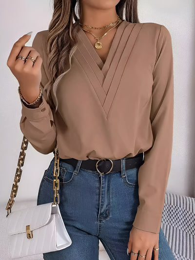 Solid Color Layered V Neck Long Sleeve Blouse