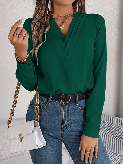 Solid Color Layered V Neck Long Sleeve Blouse