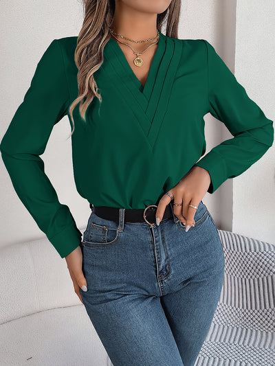 Solid Color Layered V Neck Long Sleeve Blouse