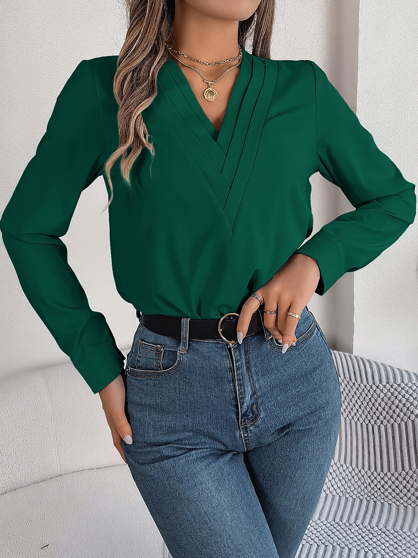 Allegra K Solid Color Layered V Neck Long Sleeve Blouse