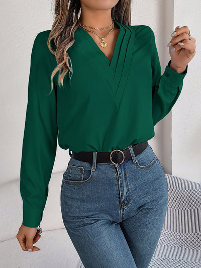 Solid Color Layered V Neck Long Sleeve Blouse