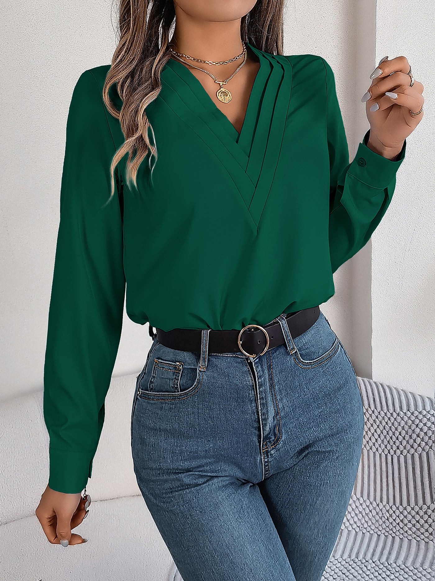 Allegra K Solid Color Layered V Neck Long Sleeve Blouse