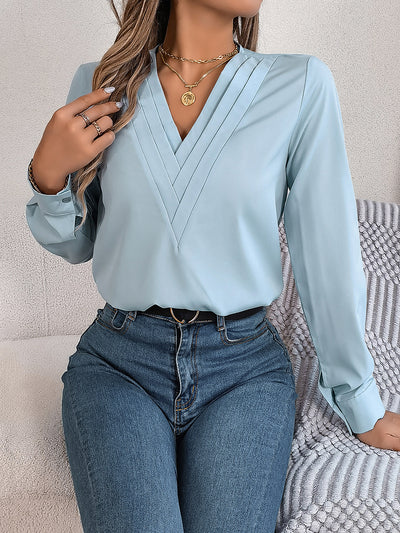 Solid Color Layered V Neck Long Sleeve Blouse